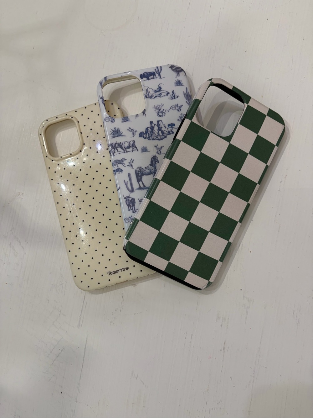Three-Pack iPhone 12 Phone Cases – Green Checker, Blue Toile & Cream Dot